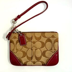 Vintage Coach Signature C Jaquard Beige and Brown, Patent Leather Red Trim